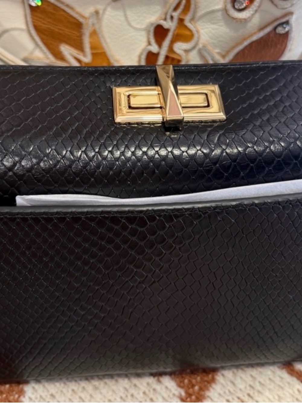 DKNY Black Python Snakeskin Embossed Flap Crossbody Bag with Gold Chain - Picture 7 of 10